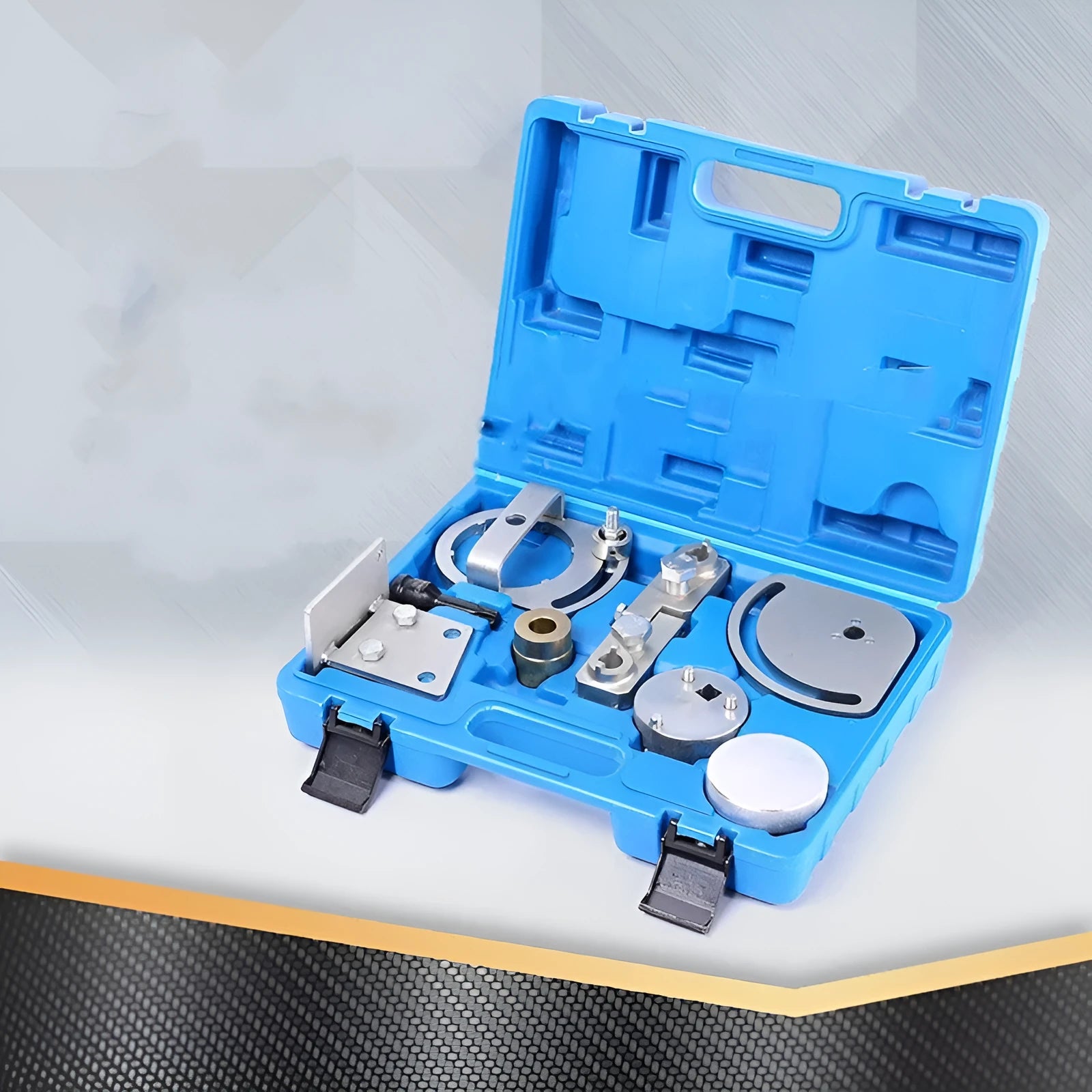 Volvo and Land Rover engine timing tool set with eight carbon steel pieces for professional cylinder head alignment.
