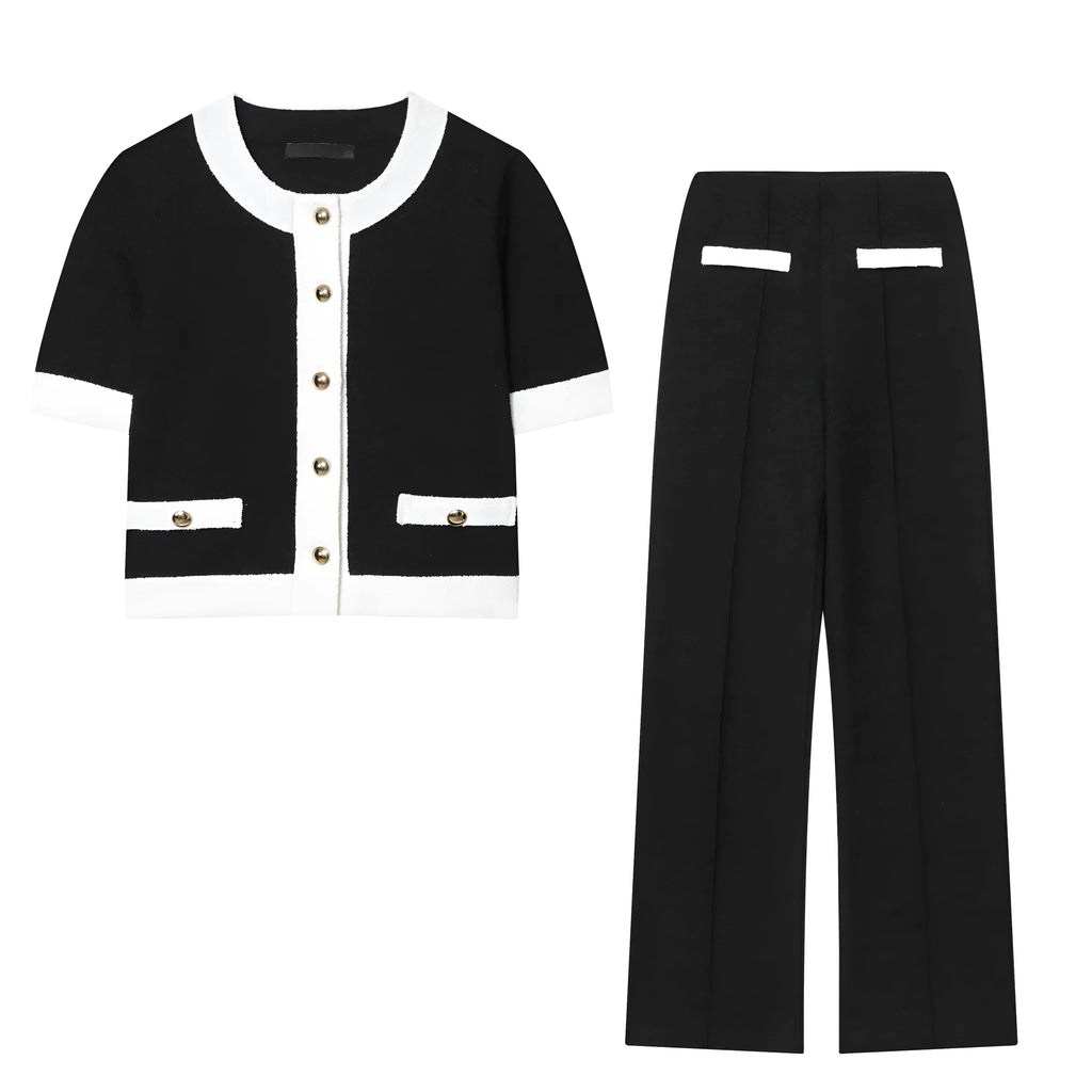 Women's beaded leather top and high-waisted stretch trousers casual suit set in street fashion style.