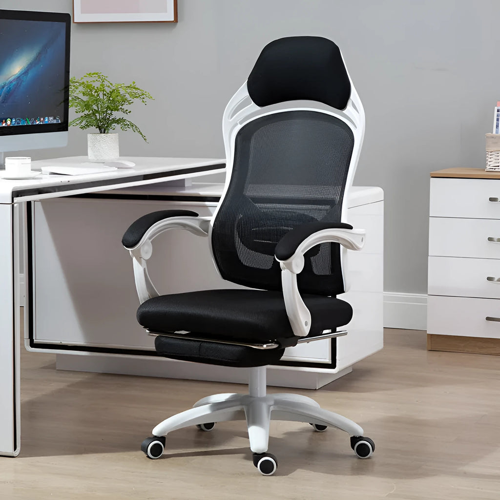 Black ergonomic computer gaming chair with linkage armrests and nylon wheels