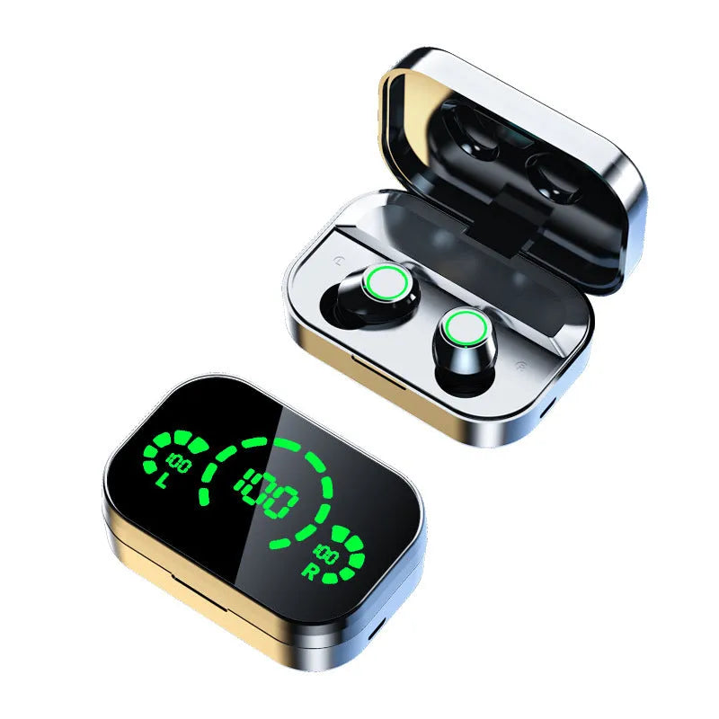 Wireless black Bluetooth sports earbuds with touch controls shown in a charging case.