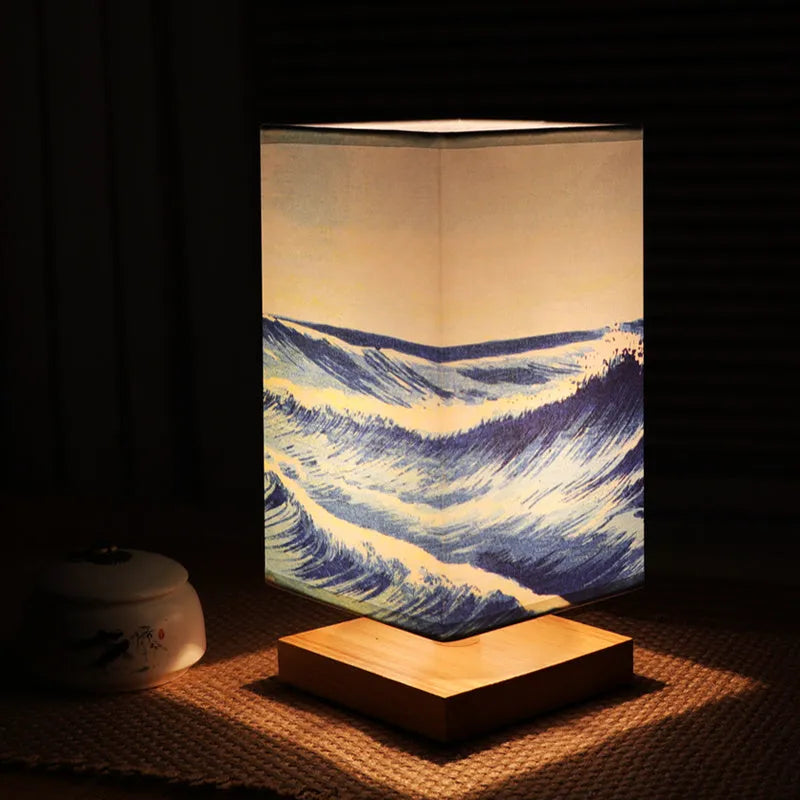 Solid wood bedside lamp with cloth lampshade on wooden table wood colour finish