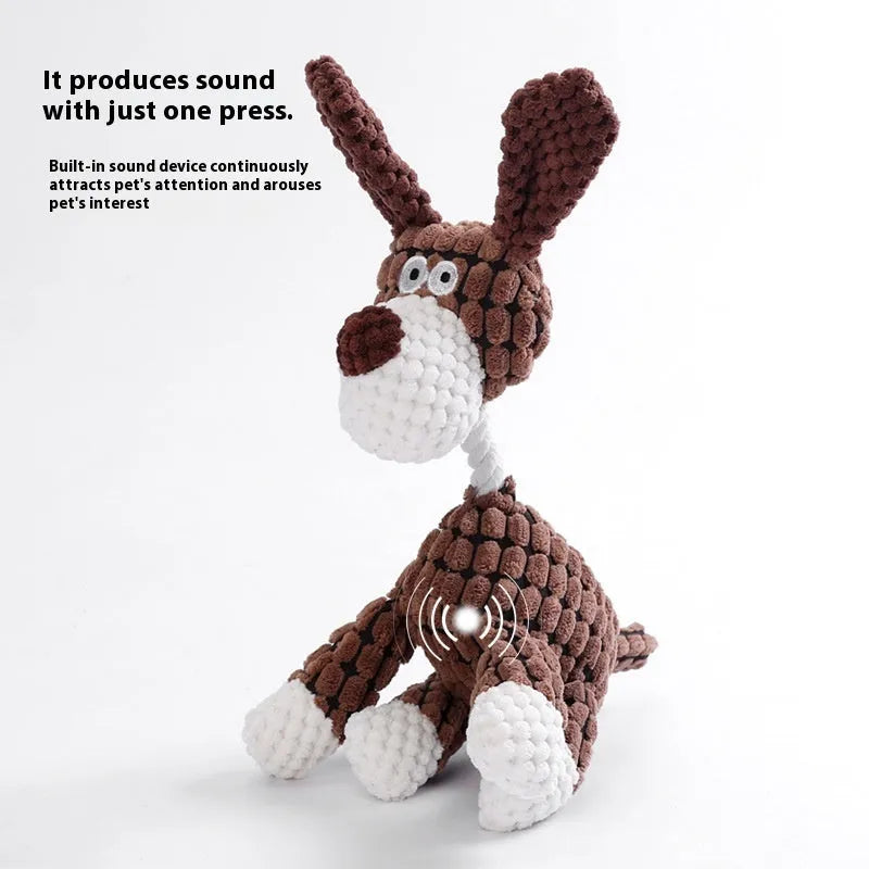 A selection of colourful plush pet toys including a rechargeable duck, a blue elephant, and a donkey.