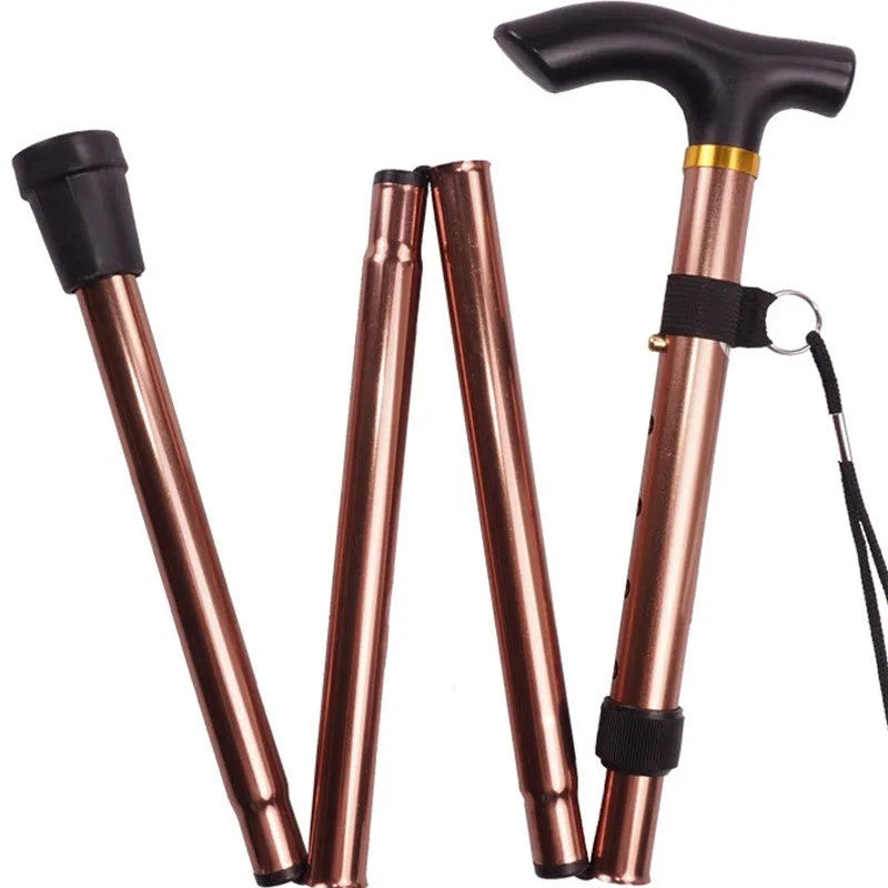 Aluminium alloy folding walking cane extended, showing adjustable sections and non-slip rubber foot.