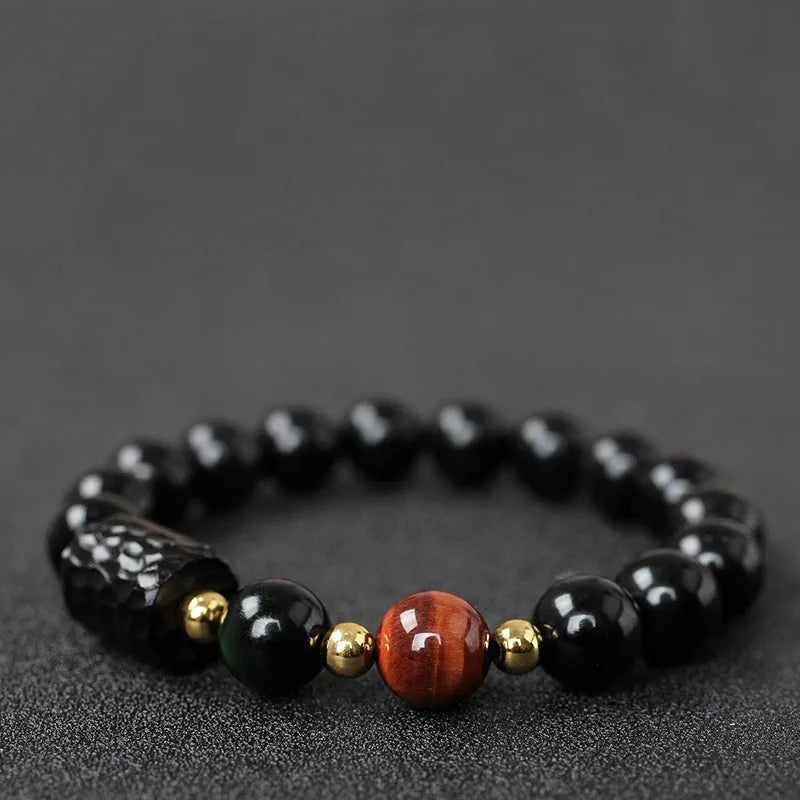 Obsidian bracelet with 10mm tiger eye beads in unisex couple design