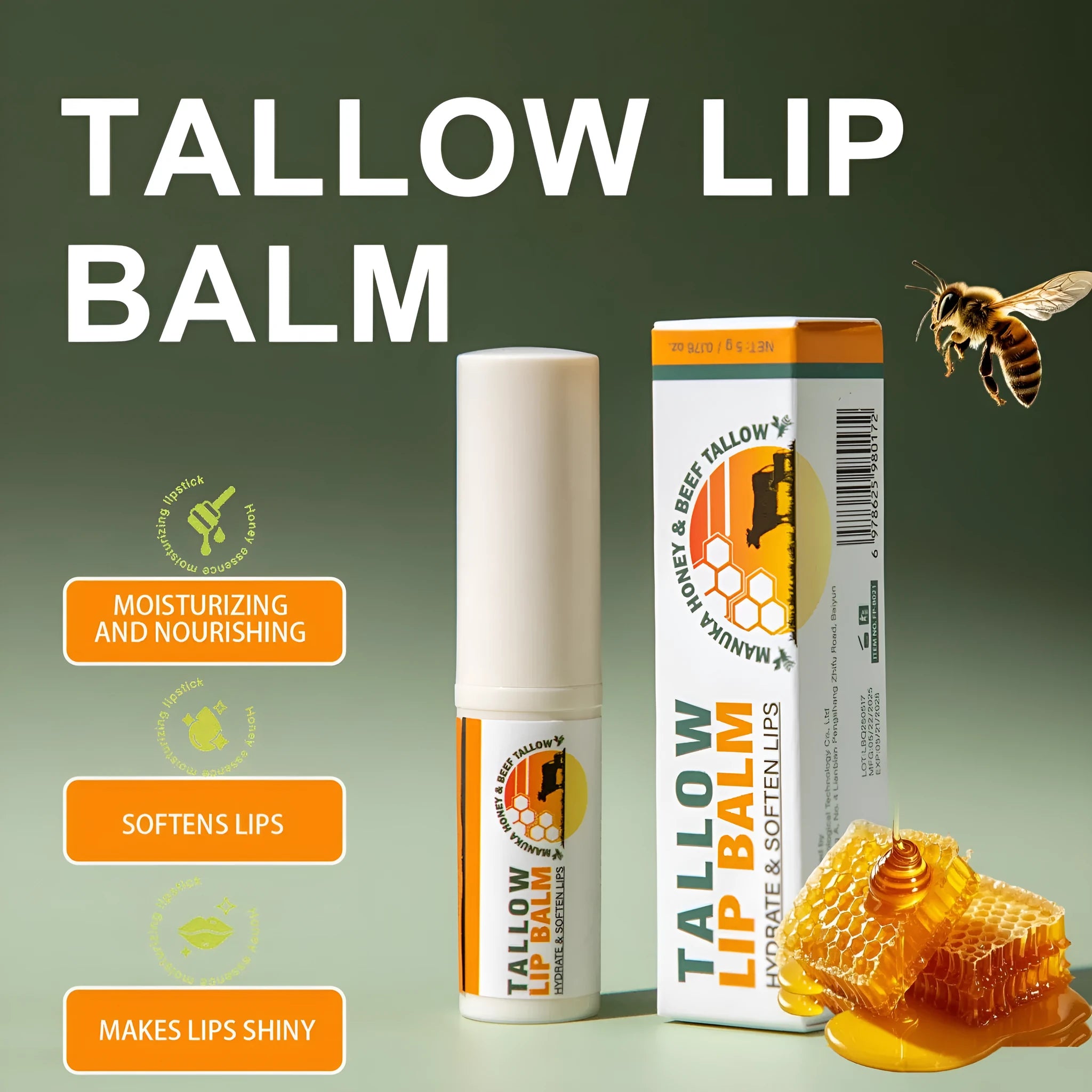 5g tallow lip balm stick in 83mm tall protective rectangular case