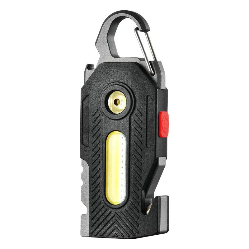 Multifunctional charging emergency light on keychain with COB LED, bottle opener, and screwdrivers
