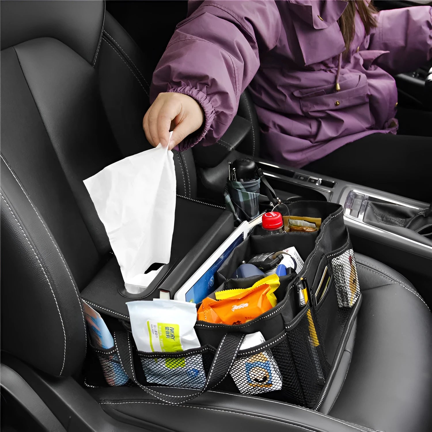 Black collapsible Oxford cloth car boot storage box showing dimensions