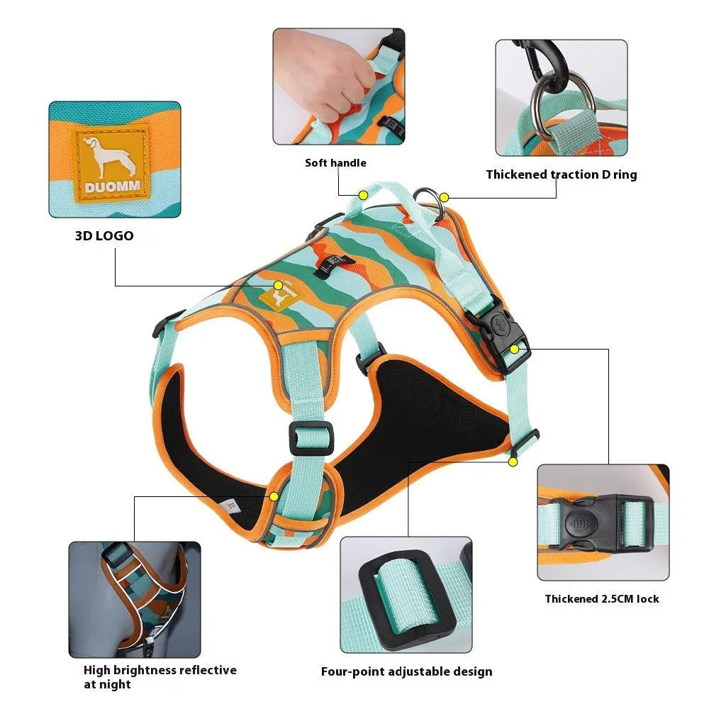 Orange reflective dog chest and back harness with an integrated hand-holding walking rope.
