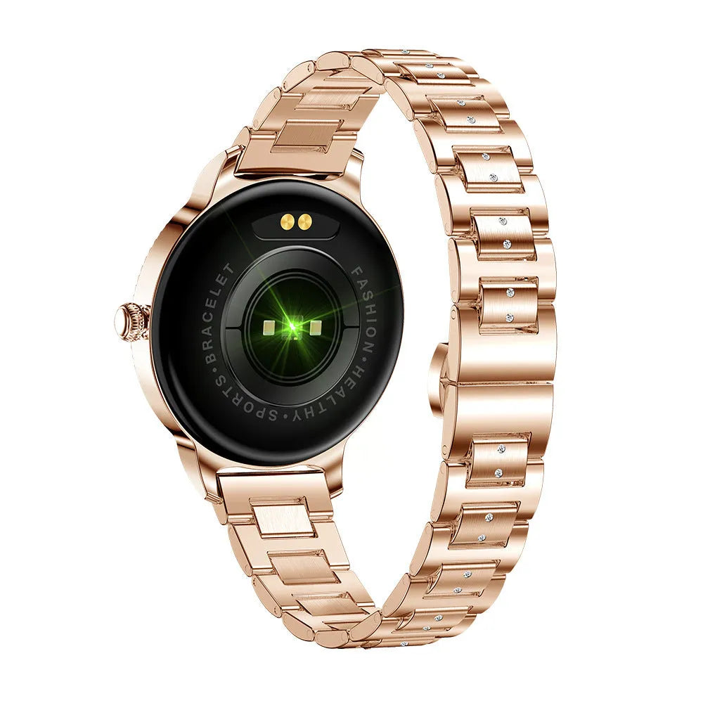 AK38 ladies smart watch with stainless steel Milanese mesh band and 1.09-inch colour screen displaying time.