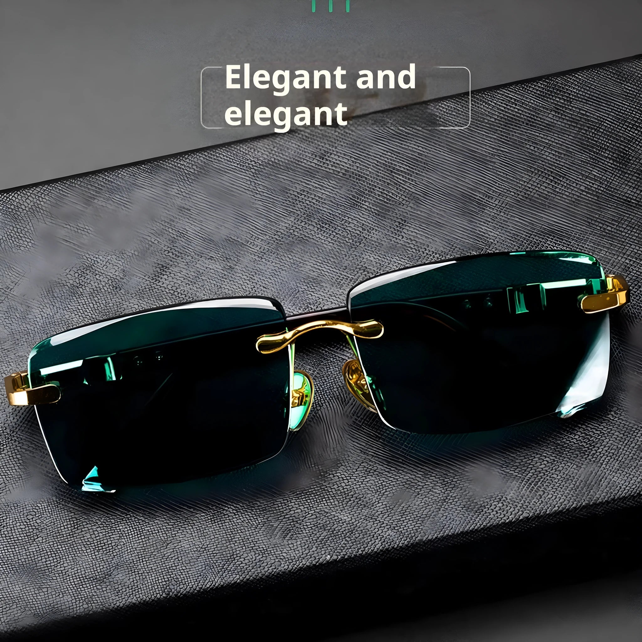 Frameless dark green crystal sunglasses with minimalist design on a case with cleaning cloth.