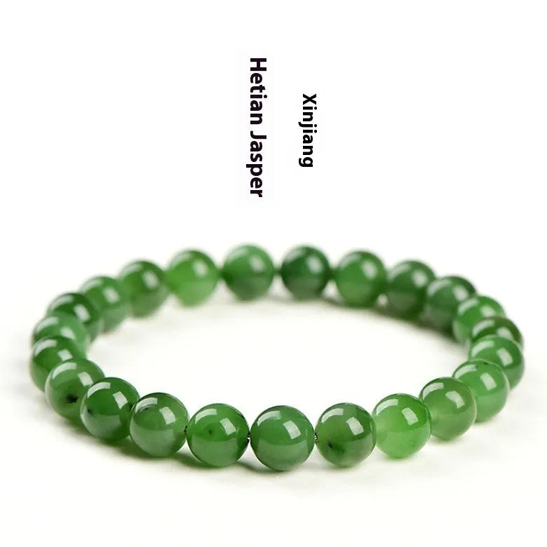 Natural Jasper bead bracelet with polished Russian Jasper beads in multiple sizes on a white background.