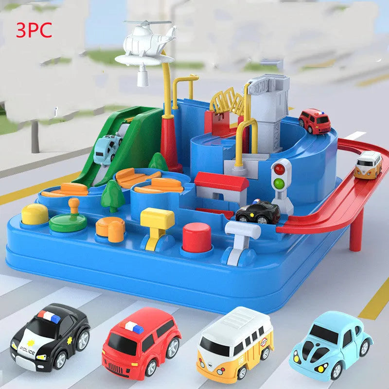 Big adventure parking lot rail car track toy set with plastic cars and handle control