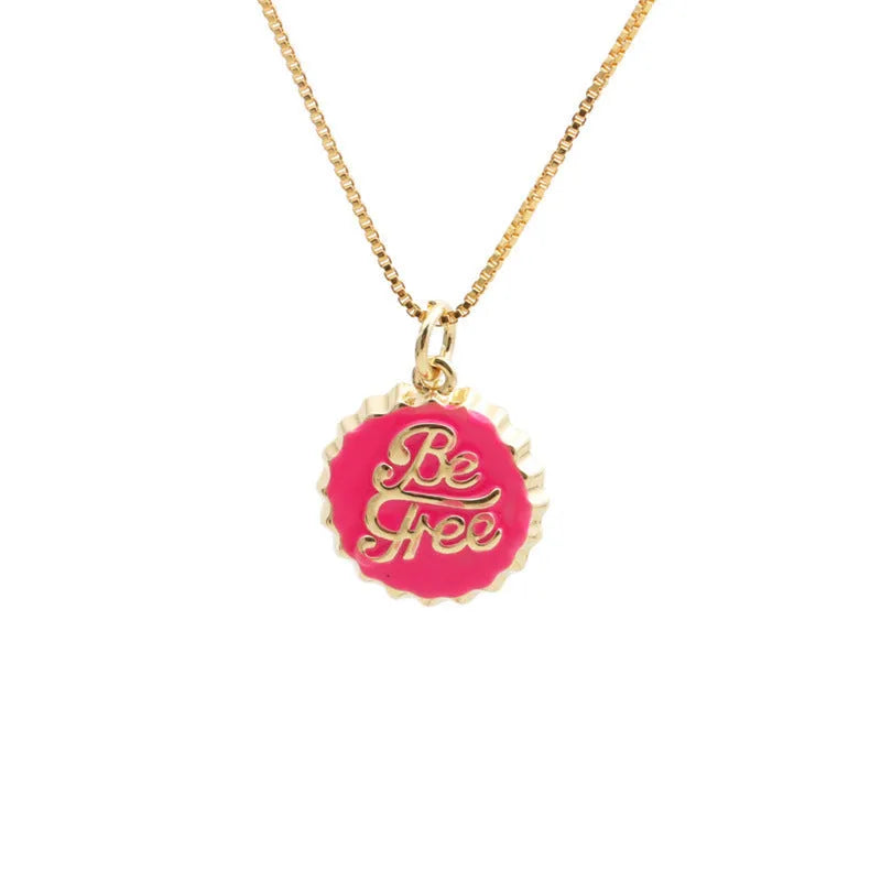 Copper Be Free bottle cap pendant necklace with a 40cm box chain in a selected electroplated colour.