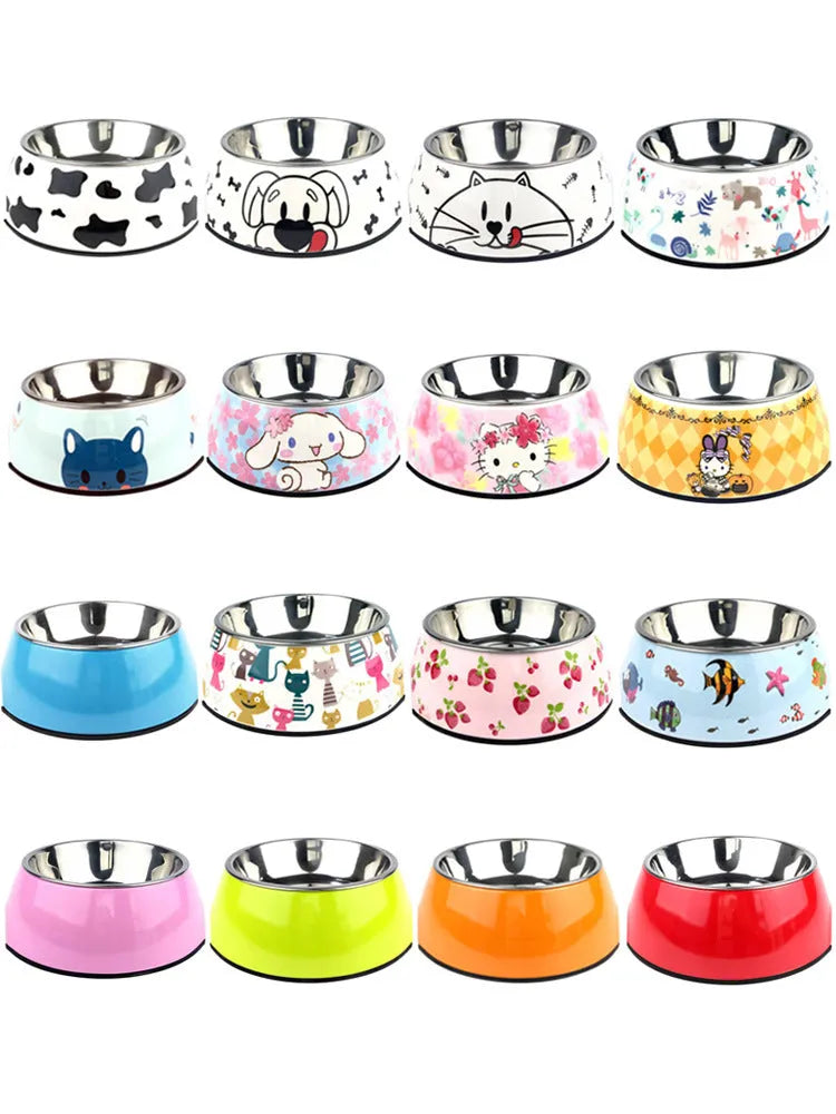 Stainless steel dog and cat bowl in four sizes with 17 colour patterns including cow print and blue cat