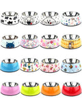 Stainless steel dog and cat bowl in four sizes with 17 colour patterns including cow print and blue cat