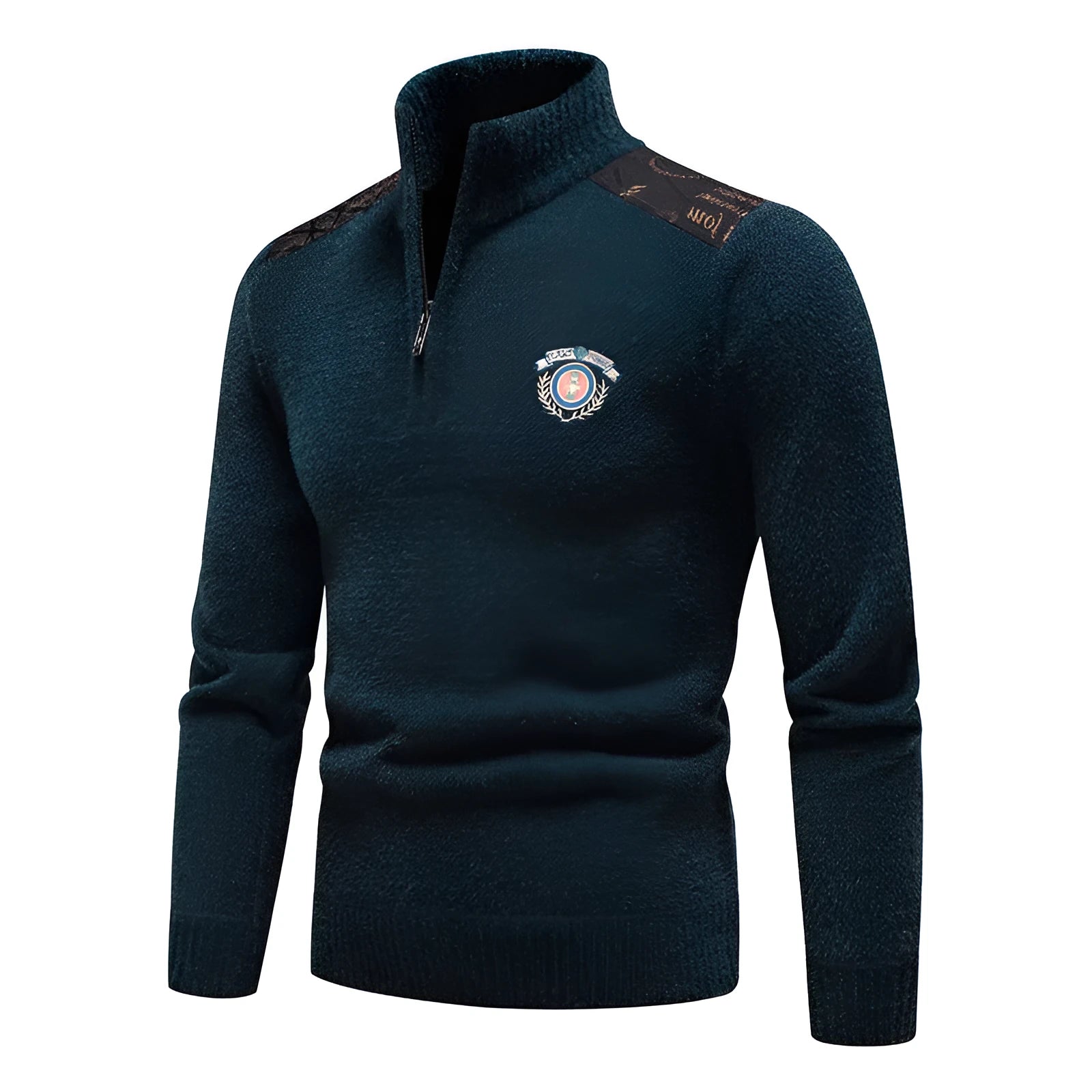 Men's velvet stand collar thickened pullover sweater in a straight cut, shown in beige colour.