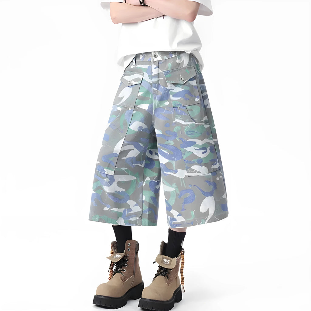 Men's camouflage green cotton cargo trousers with a straight cropped leg and a cargo pocket.