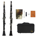 Black bakelite clarinet with nickel keys next to its protective carry bag.