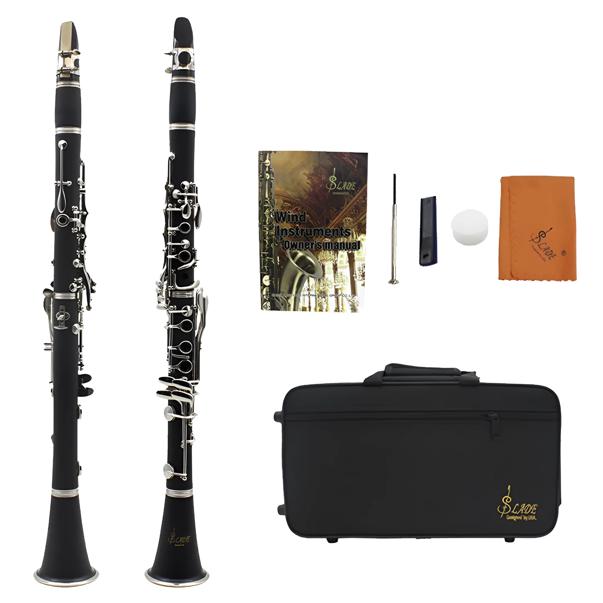 Black bakelite clarinet with nickel keys next to its protective carry bag.