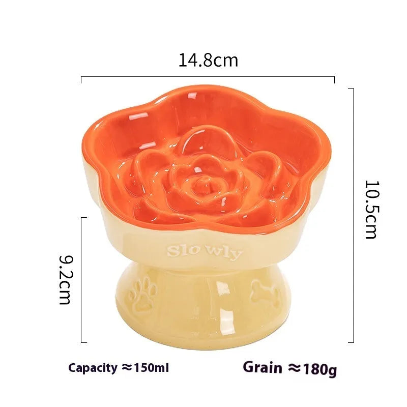 White ceramic pet bowl with a high foot base and wide, shallow eating area for dogs and cats