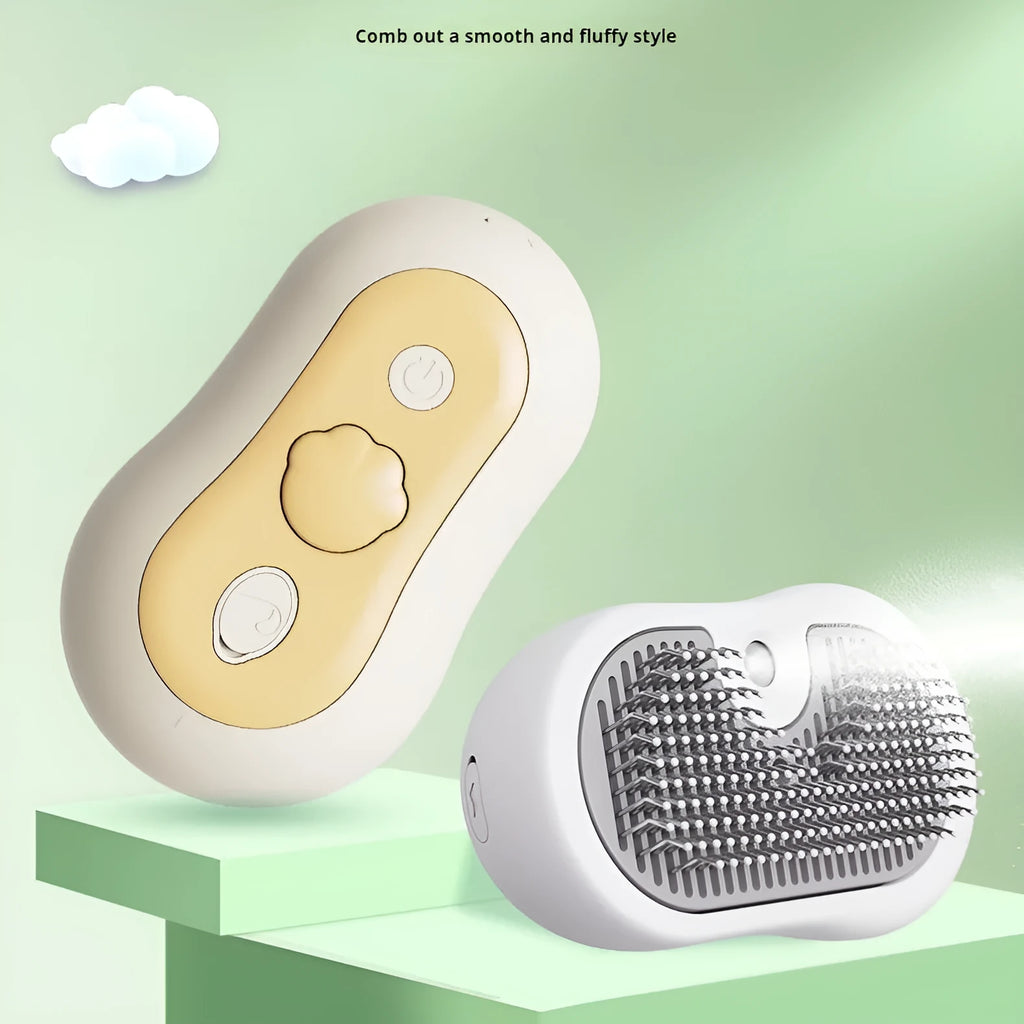 Rechargeable cat massage comb in beige yellow, blue, grey, or orange colours showing ABS silicone construction