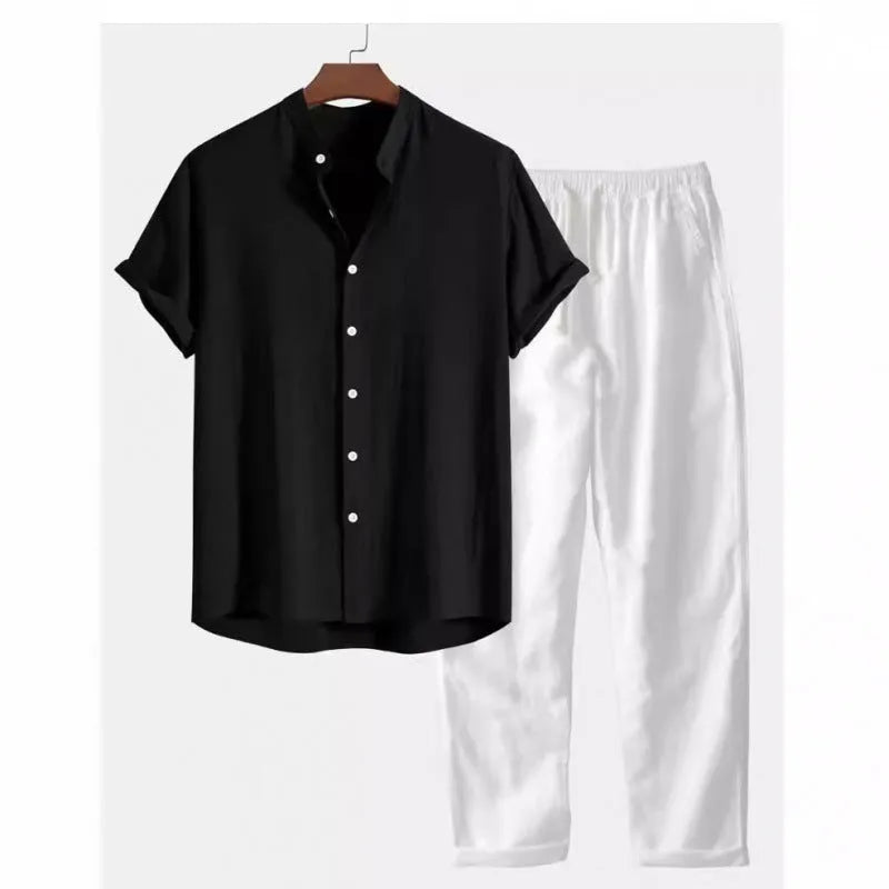 Men's loose fit linen casual suit set with short sleeve shirt and trousers in various colours