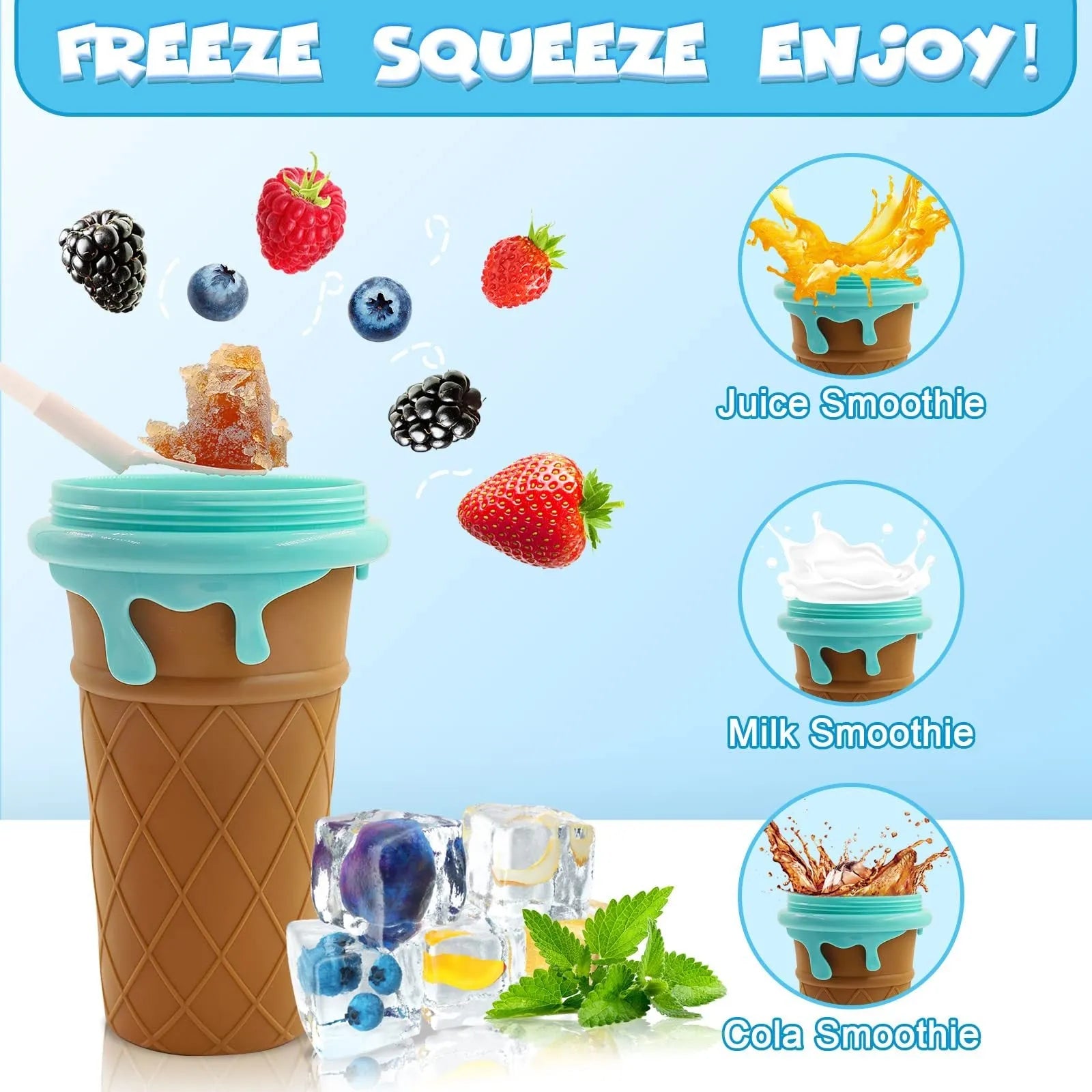Blue 500ml slushy maker cup for homemade quick-frozen smoothies and ice cream.