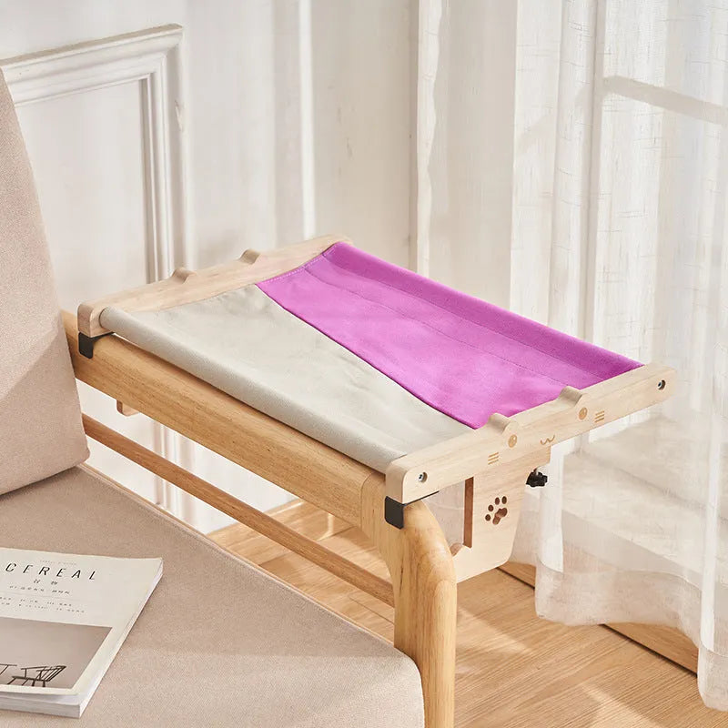 Wooden frame cat hanging hammock bed installed on a window, suitable for cats and small dogs.