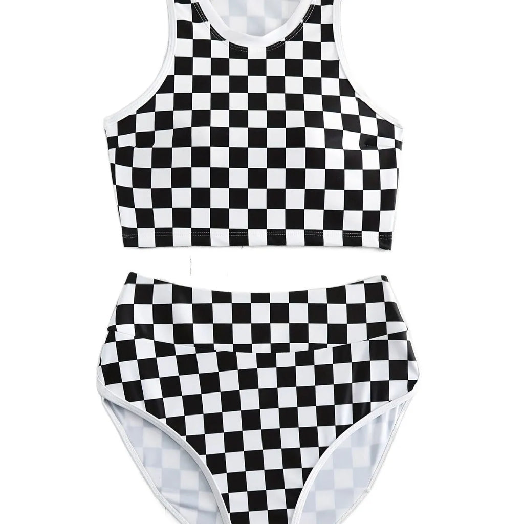 Women's black and white checkerboard plaid backless racing swimsuit with suspender straps.