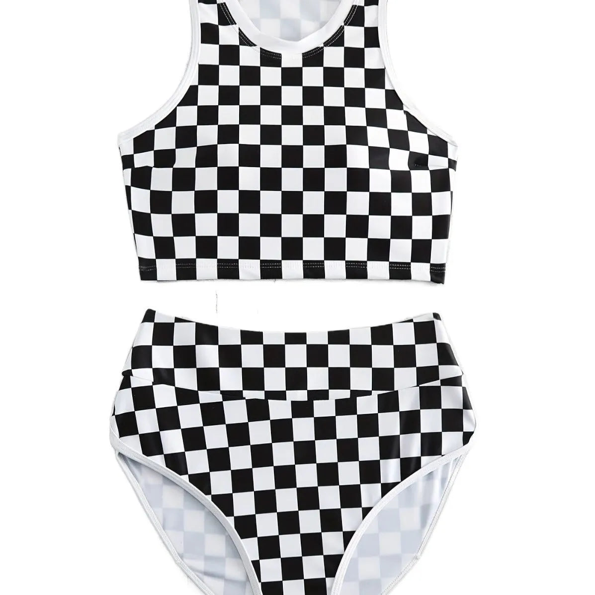 Women's black and white checkerboard plaid backless racing swimsuit with suspender straps.