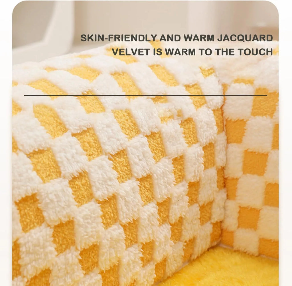 XL coffee and yellow plush 2-in-1 pet bed with a sleeping mat and attached tunnel, showing anti-slip base.