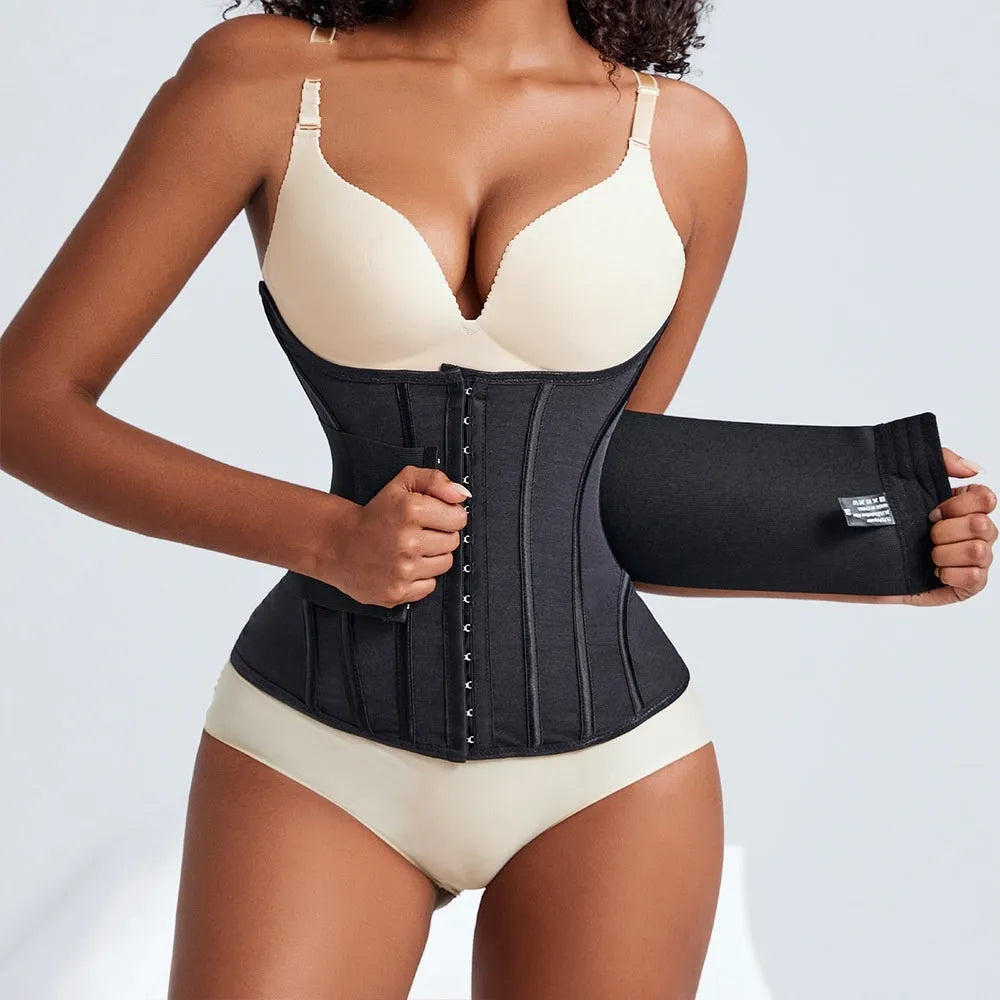 Black nylon belly band waist trainer with belt tie, laid flat.