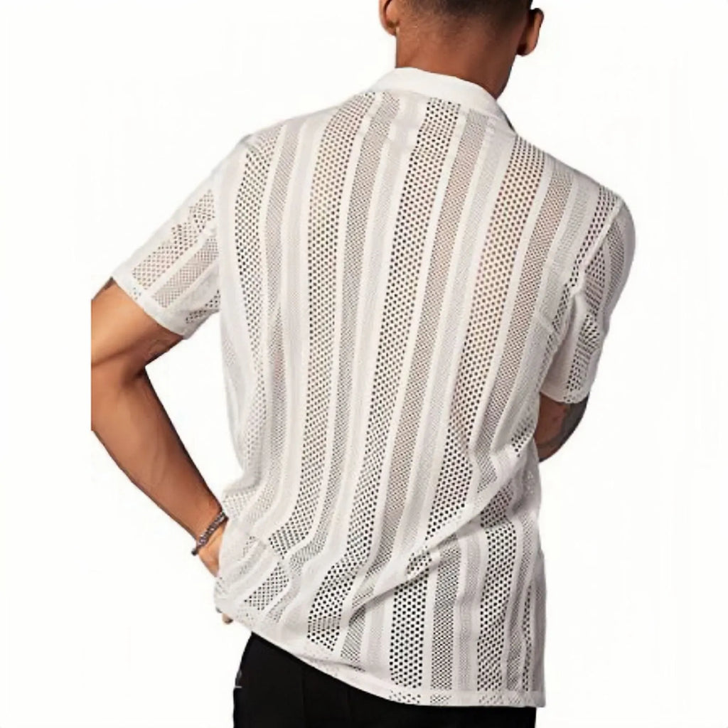 Man wearing a white knitted short-sleeved button cardigan shirt with textured Jacquard pattern.