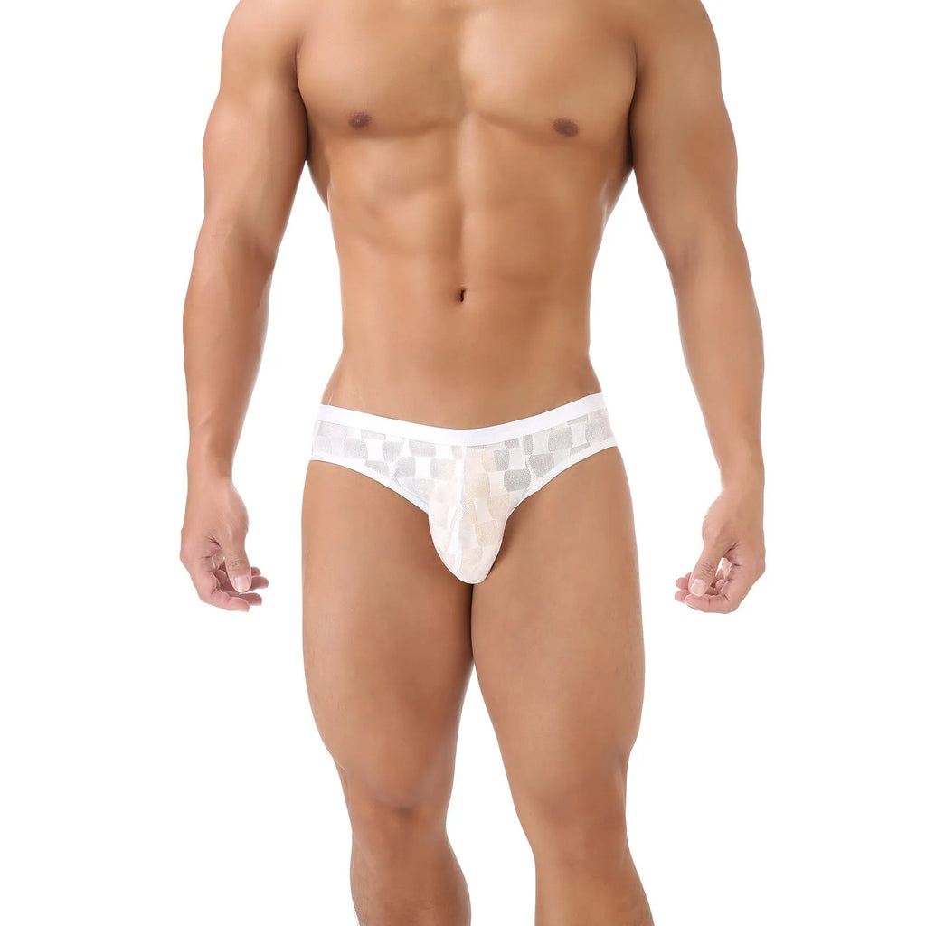 Men's black and white plaid mesh briefs with U-convex design for hip support.