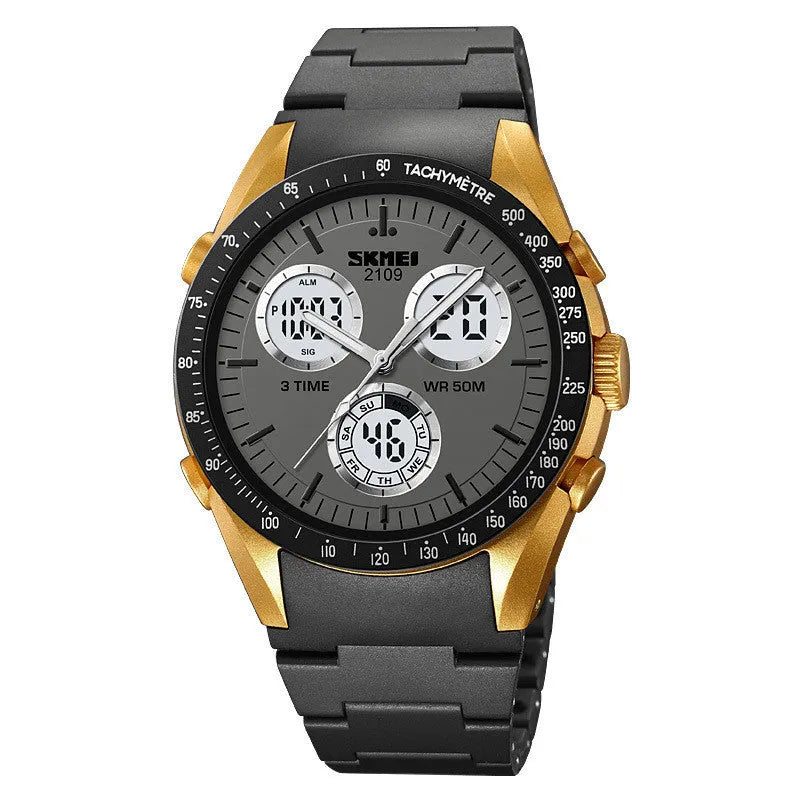 Unisex digital watch with camouflage strap, resin lens, and stainless steel button on a wrist.