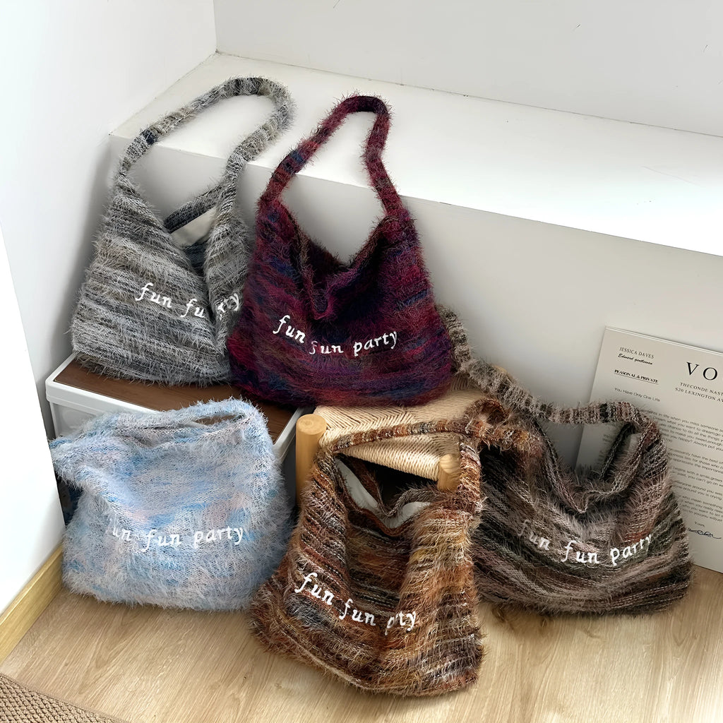 Plush shoulder bag with alphabet embroidery and tassel, horizontal square shape, soft plush finish, single shoulder strap, five colours denim blue green purple sea salt blue yellow