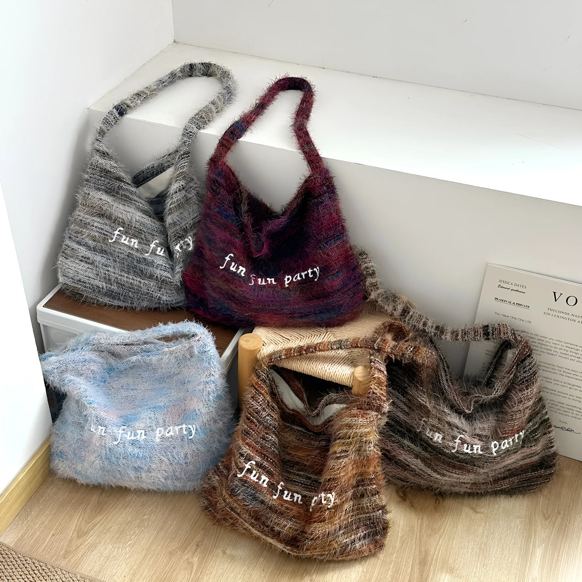 Plush shoulder bag with alphabet embroidery and tassel, horizontal square shape, soft plush finish, single shoulder strap, five colours denim blue green purple sea salt blue yellow