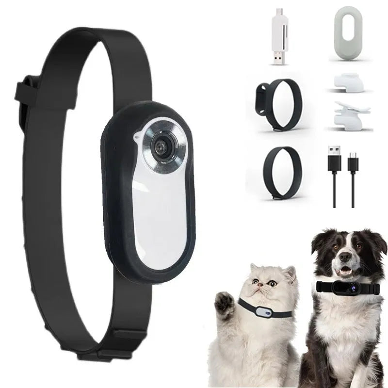 White thumb pet camera with silicone collar for cats, compact design on a collar