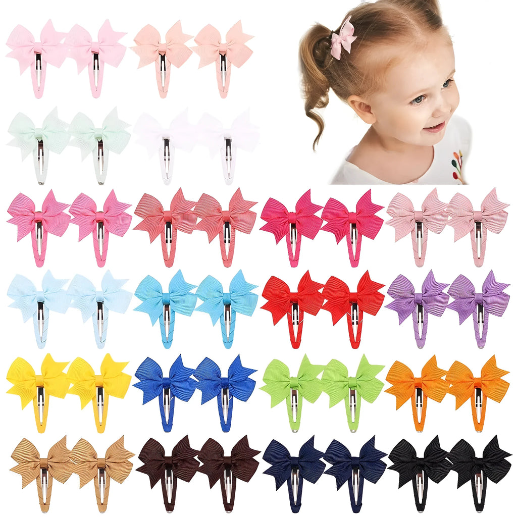 40 piece set of grosgrain ribbon baby hair bows with fully wrapped snap clips in multiple solid colours