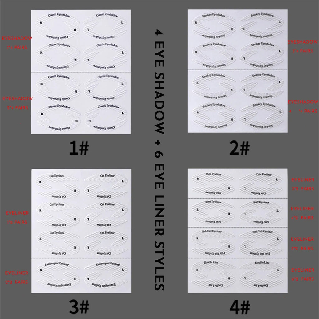 Set of four clear, flexible eyeliner and eyeshadow makeup stencil templates on a pink background.