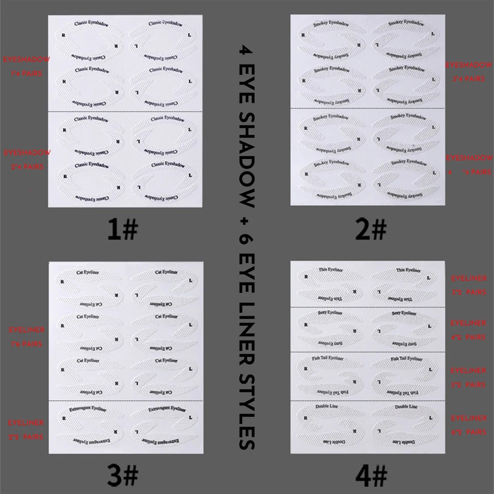Set of four clear, flexible eyeliner and eyeshadow makeup stencil templates on a pink background.
