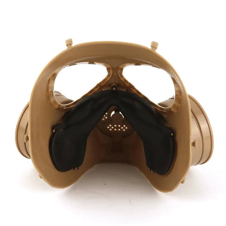 Real-life Field Equipment twin fan mask in black with transparent lens, head-mounted TPR design for outdoor use
