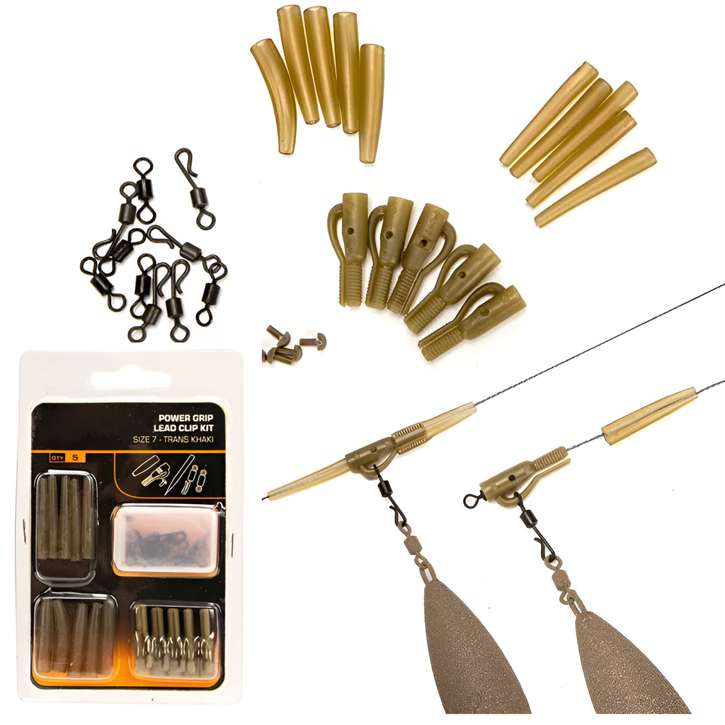 A 30-piece European carp fishing accessory kit containing anti-winding pipes, threaded hose, rotation components, and screws.