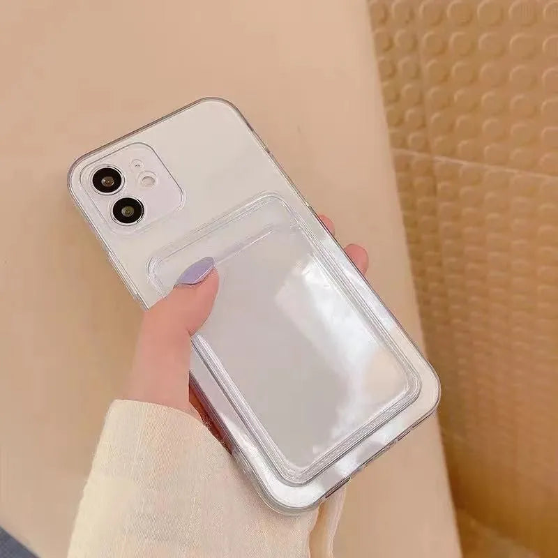 Transparent Apple iPhone wallet case showing card slots and clear PVC construction