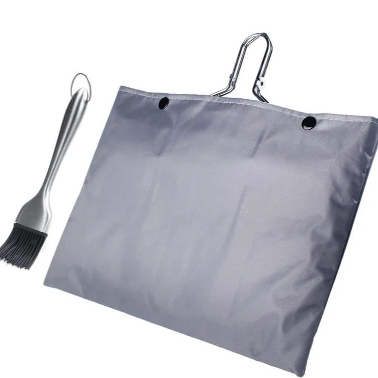 Square folding stainless steel barbecue mesh basket with a cleaning brush.