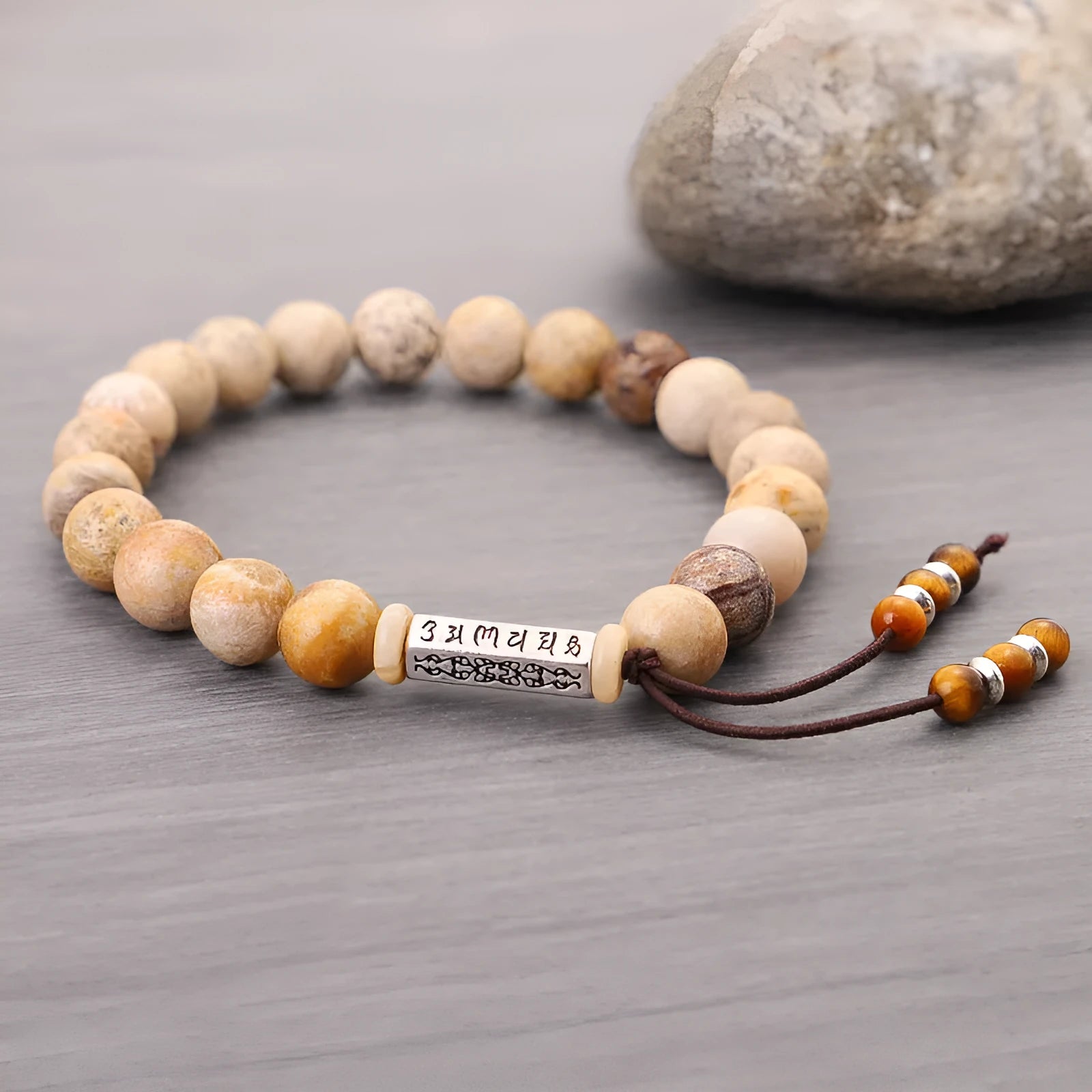 Wood colour handmade stone bead bracelet with European American retro styling