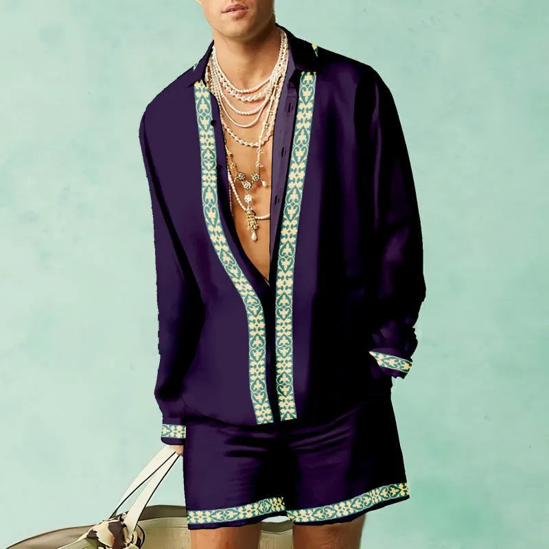 Casual slim-fit polyester shirt and matching shorts set on a model, showing the coordinated summer outfit.