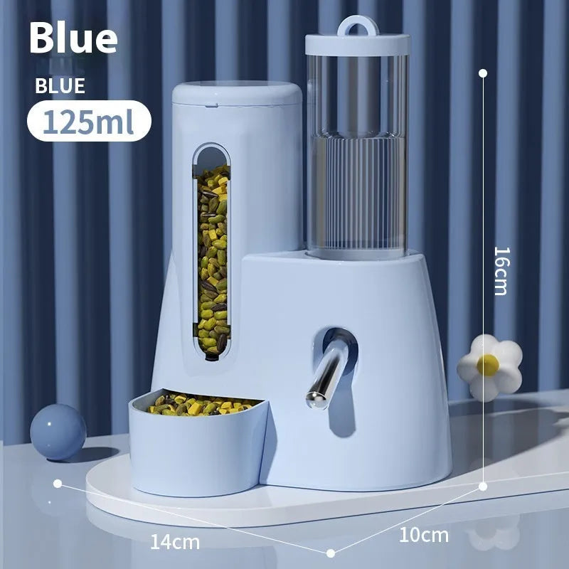 White automatic drinking water feeder with attached food bowl for hamsters, shown next to blue and pink colour options.
