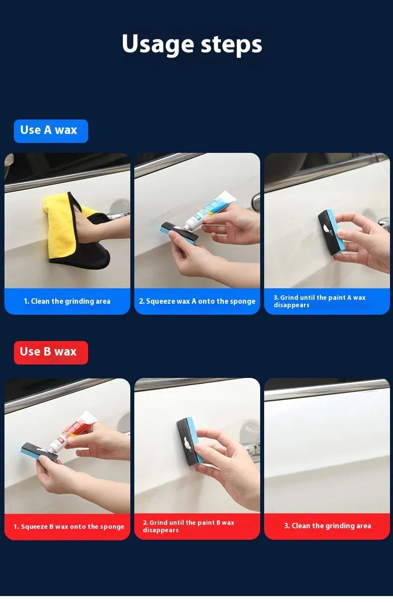 Car repair wax kit showing Scratch Removal A Wax, Brightening B Wax, and a frosted sponge mop for paint correction.