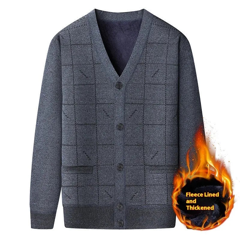 Plus-size men's grey fleece-lined cardigan with batwing sleeves on a hanger.